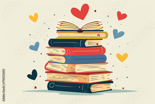 A stack of love books with heart bookmarks, Valentine’s Day, flat illustration photo
