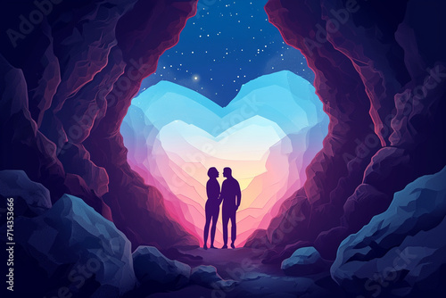 A couple’s silhouette inside a heart-shaped cave entrance, Valentine’s Day, flat illustration photo