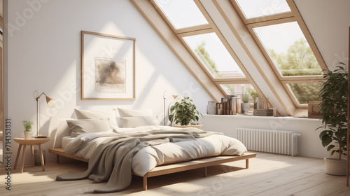 A photo features a Scandinavian-style bedroom on a mansard floor, softly lit by daylight. The window is excluded from the frame, emphasizing the elegant simplicity of the design. © Игорь Зубченко