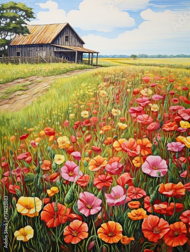 Traditional Homestead Floral Art: Enchanting Farmhouse Field Painting