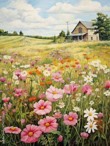 Traditional Homestead Flower Art Field Painting: Wildflower Dreams in Farmhouse Gardens