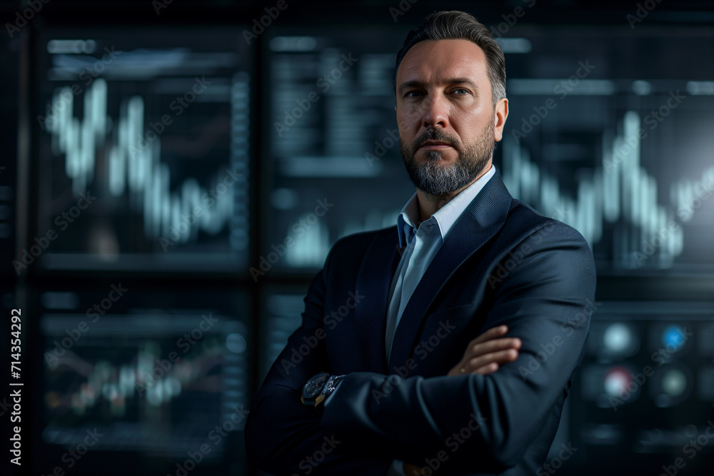 PORTRAIT OF A BUSINESSMAN, Front view, classic suit, staring, arms crossed, statistics graph background PORTRAIT OF A BUSINESSMAN, Front view, classic suit, staring, arms crossed, statistics graph background
