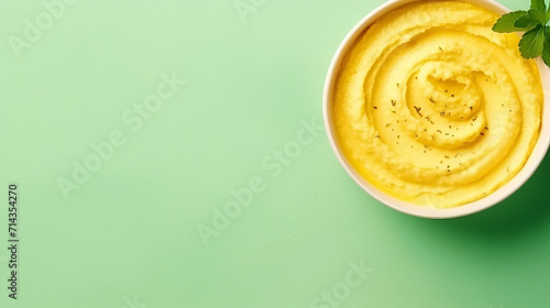 Bowl of hummus with greens and olive oil on green background, top view, copy space