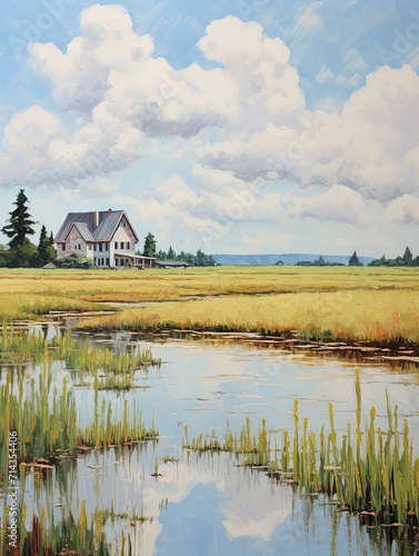 Serene Farmhouse Reflections: Tranquil Waterside Vistas Field Painting