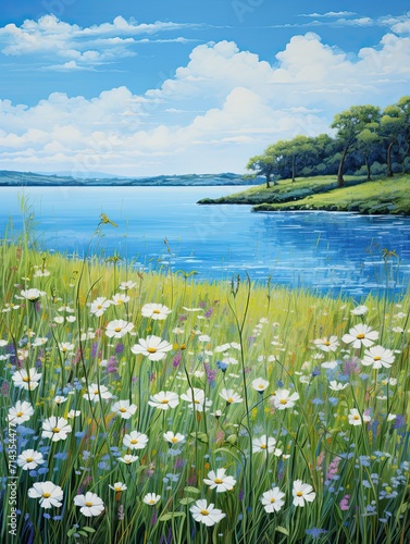Tranquil Waterside Vistas: Wildflower Field Painting by Serene Waters