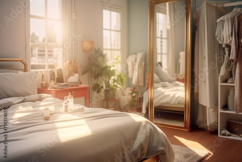 Classical style sun lit bedroom with bed  large mirror  wardrobe and windows. Beautiful morning. AI Generated