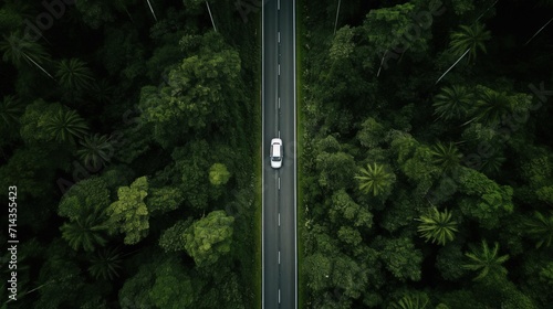 Aerial top view asphalt road in tropical green forest background. Generate AI image