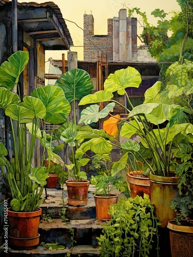 A Verdant Haven: Vintage Rooftop Garden, Urban Jungle Leaf Art Masterpiece