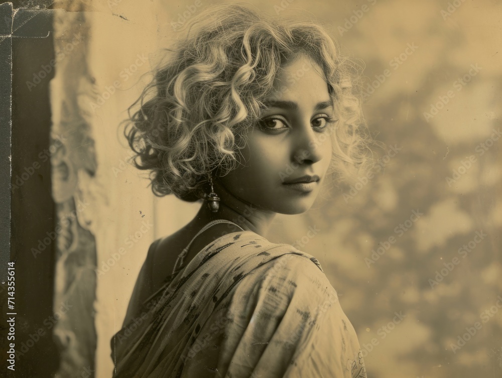 Photorealistic Adult Indian Woman with Blond Curly Hair vintage Illustration. Portrait of a person in 1920s era aesthetics. Historic photo style Ai Generated Horizontal Illustration.