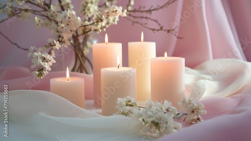  a bunch of white candles sitting next to a bunch of white flowers on a pink cloth next to a vase with white flowers and a pink curtain in the background.
