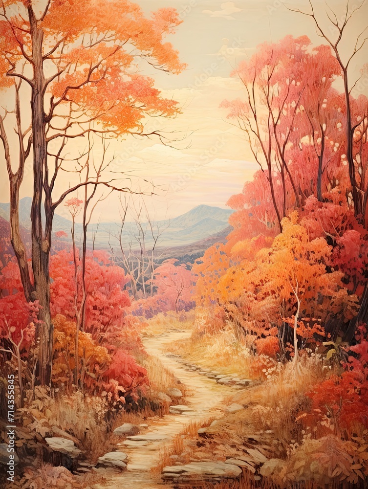 Vibrant Autumn Foliage Landscapes Wall Decor: Vintage Fall Landscape Art Print