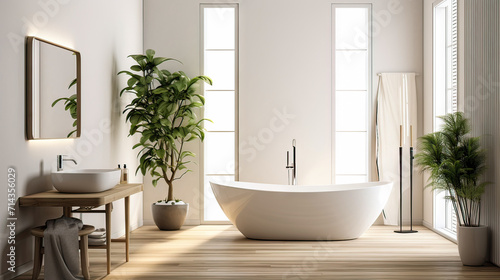 Interior of modern bathroom with white bathtub © Bouchra