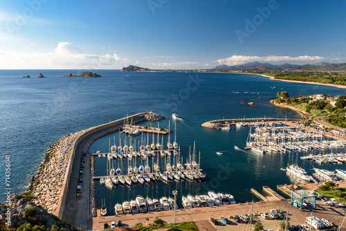 Panoramic summer view of the harbor of Santa Maria Navarrese, small touristic town in east Sardinia