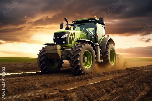 Heavy green tractor on the barley field in golden sky sunset view. Generate AI image