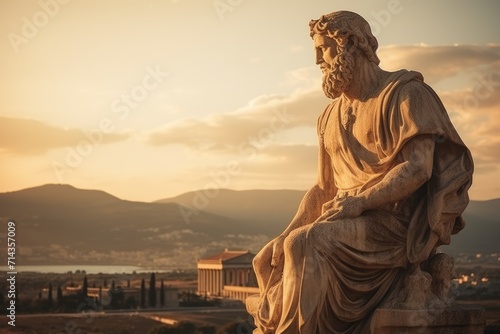 Socrates Statue in Ancient Greece. Greek God. Heracles. Zeus. Acropolis of Athens. Mythology. Golden hour. AI Generated  photo