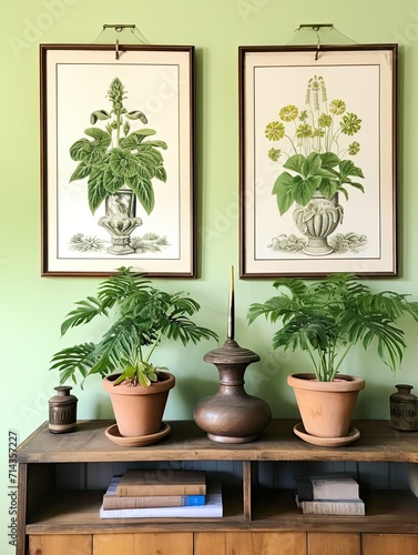 Green Plant Vintage Painting: Whimsical Botanical Wall Hangings for Unique Wall Decor