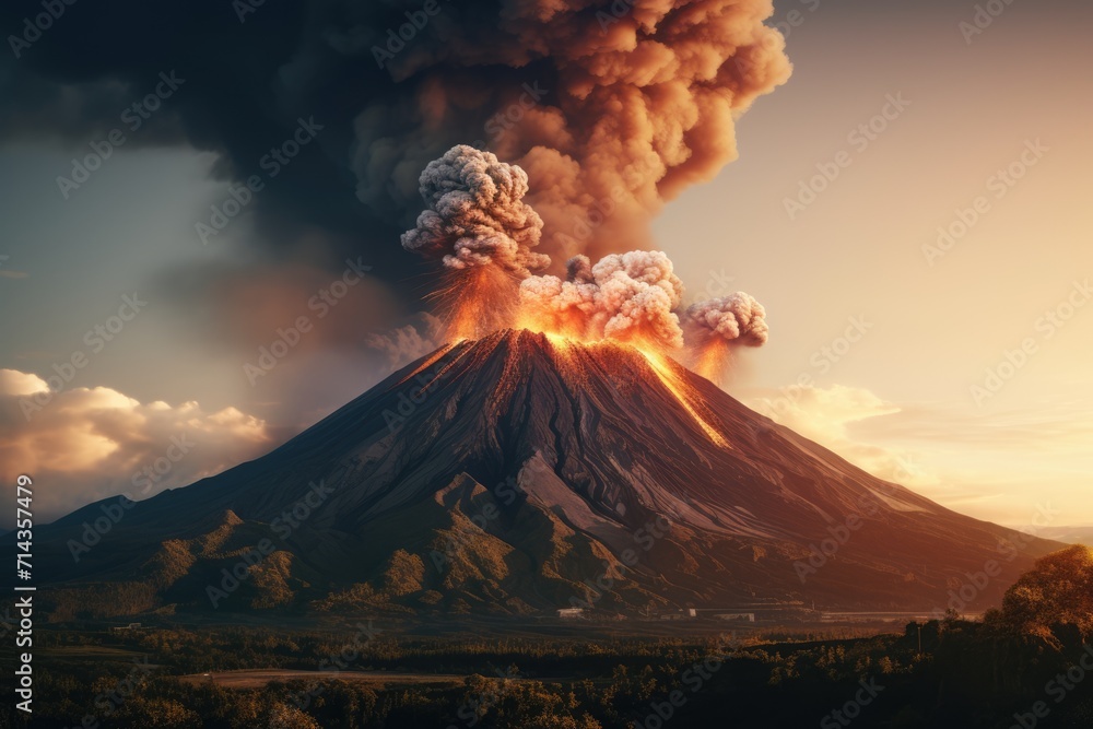 Volcanic eruption. Explosion. Lava running down the mountain. Smoke and fire. AI Generated 