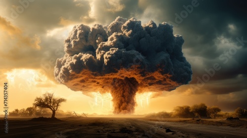 Nuclear blast. Fire mushroom cloud. Atomic bomb explosion. Deserted land. Apocalypse, world war. AI Generated