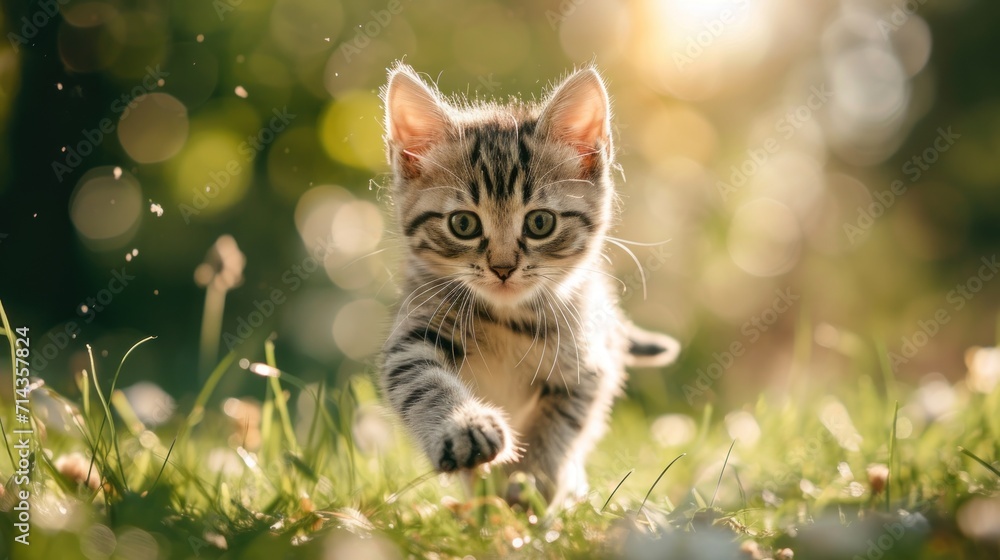  a small kitten running through the grass towards the camera with a blurry background of trees and grass in the foreground and a blurry background of the foreground.