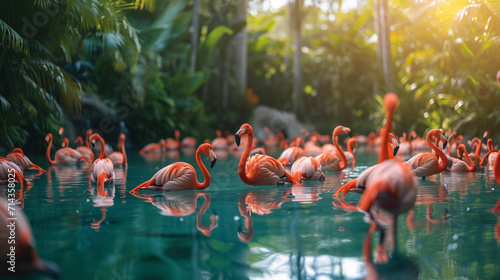 A lot of bright birds, pink and Caribbean flamingos. a lot of flamingo in a pool. AI Generative