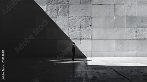 Minimalist Black and White Concrete Wall Half Shadow with Man 