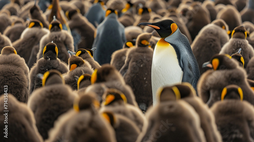 adult king penguin (aptenodytes patagonicus) standing amongst a large group. AI Generative photo