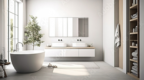 Modern minimalist bathroom interior  modern bathroom cabinet  white sink  wooden vanity  interior plants  bathroom accessories  bathtub and shower  white and blue walls  concrete floor.