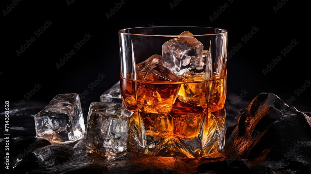 whiskey on the rocks, beverage photography, copy space, 16:9 whiskey on the rocks, beverage photography, copy space, 16:9