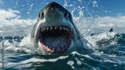 Attack great white shark. Great white shark with open mouth. Watch out sharks attack. AI Generative photo
