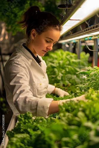 Green Care: Lady Tending to Hydroponic Leafy Greens