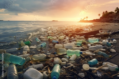 Ecological disaster. Plastic water bottles pollution on the seashore. Environment concept. AI Generated