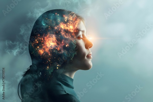 A silhouette of a woman's profile filled with a cosmic galaxy