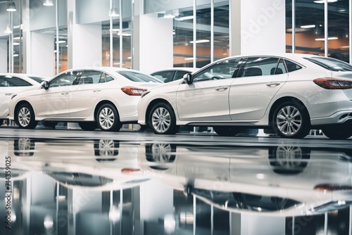 Rear view New white cars parked for sale and rent in modern showroom. Generate AI image