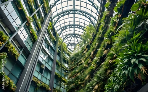 Office building with green environment. Corporate building reduce CO2. Eco-friendly building in the modern city. Sustainable glass office building with tree for reducing carbon dioxide.