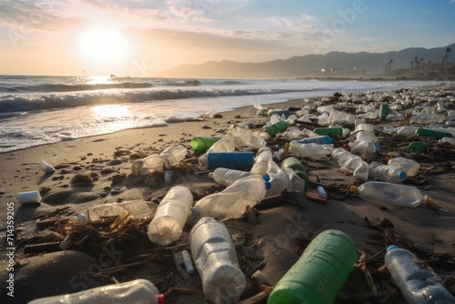 Plastic water bottles pollution on the ocean shore. Environment concept. Ecological disaster. AI Generated