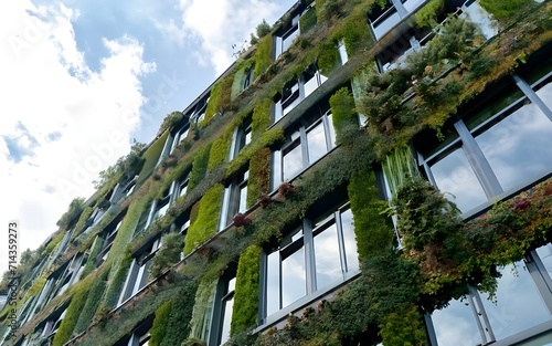 Office building with green environment. Corporate building reduce CO2. Eco-friendly building in the modern city. Sustainable glass office building with tree for reducing carbon dioxide.