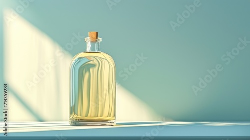  a bottle of oil sitting on top of a table next to a shadow of a light coming from a window on the wall behind the bottle is a blue wall. photo