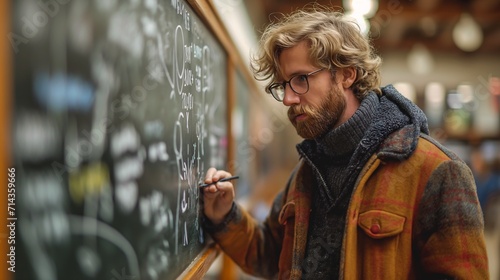 man writing blackboard pen top selection curly blonde hair professor clothes math large bubble insanely city bangle nerdy appearance fur fox scientist photo