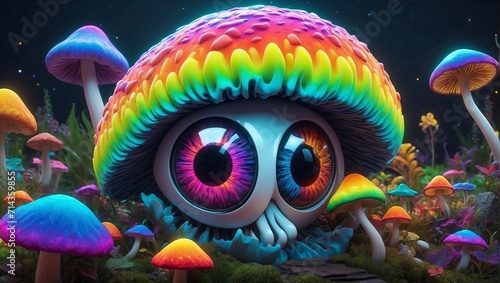 mushroom creatures illusion, in a rainbow fairy jungle multicolored, mystical, hallucinogen