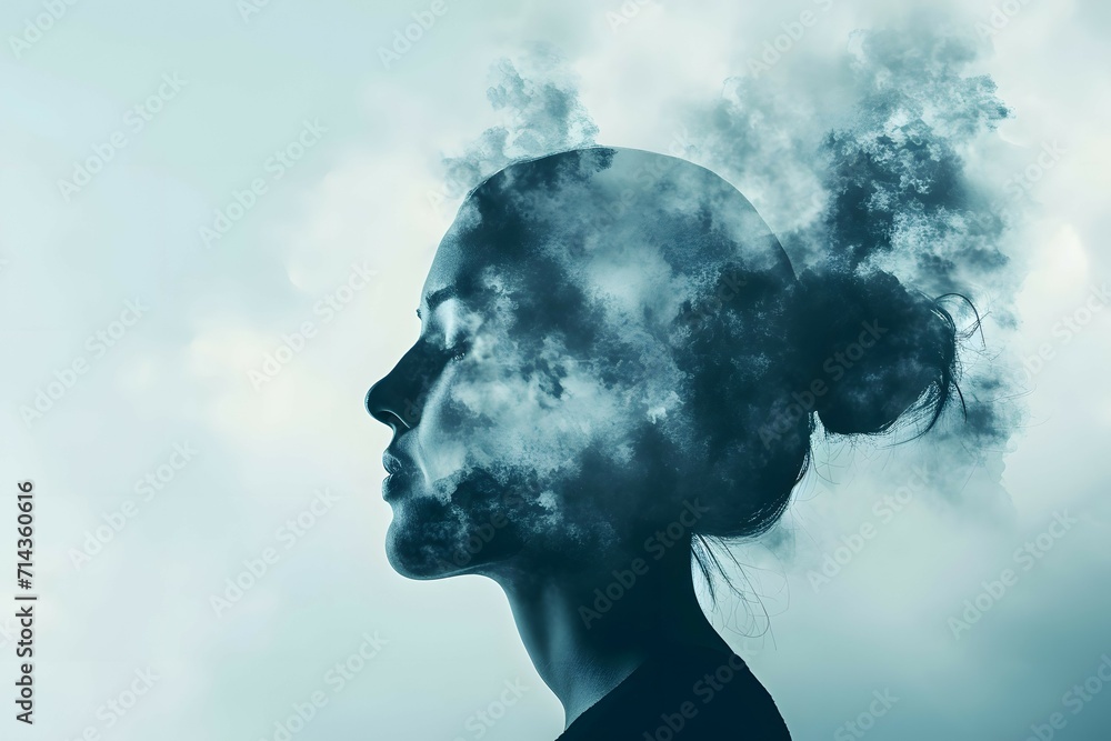 A abstract double exposure image of a human profile for mental wellness