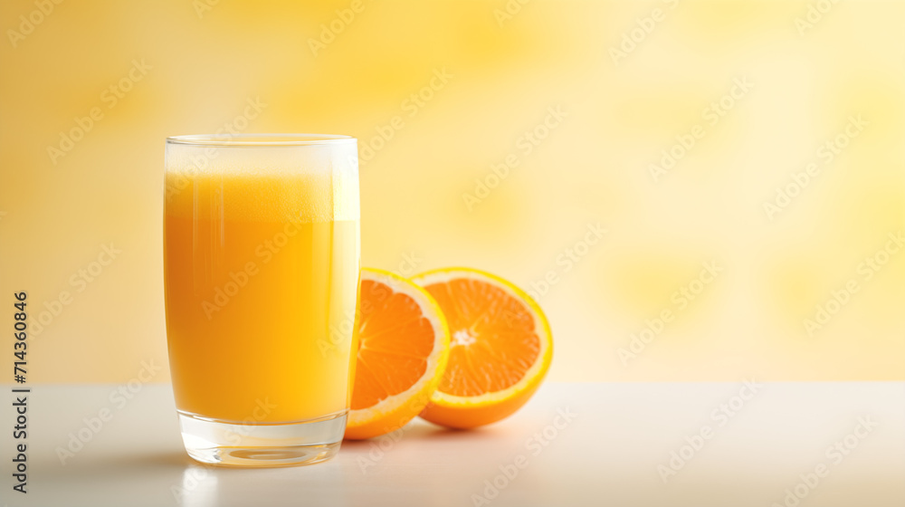 Glass of orange juice and orange slices on a table, in the style of soft focus Glass of orange juice and orange slices on a table, in the style of soft focus