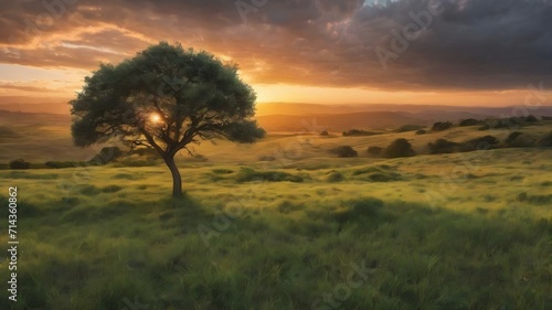 Wide angle shot of a single tree growing under a clouded sky during a sunset surrounded by grass
