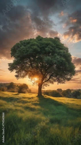 Wide angle shot of a single tree growing under a clouded sky during a sunset surrounded by grass