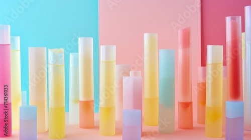 a group of different colored tubes on a pink  blue  yellow  and pink background with a pink and blue wall in the middle of the photo and a row of smaller tubes in the middle.