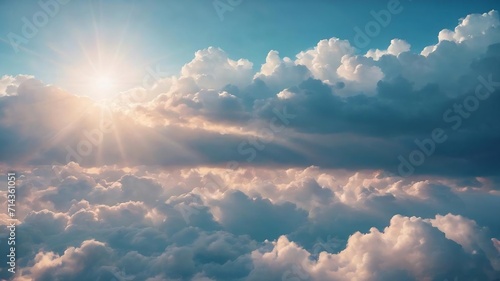 Sunshine clouds sky during morning background. blue,white pastel heaven,soft focus lens flare sunlight. abstract blurred cyan gradient of peaceful nature. open view out windows beautiful summer spring photo