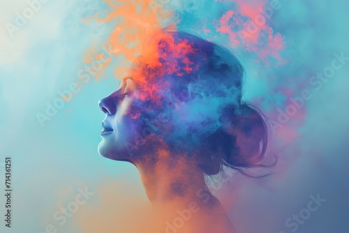 A abstract double exposure image of a human profile for mental wellness #714361251