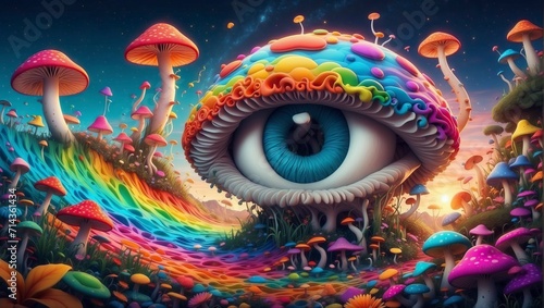 the big eye illustration as rainbow mushroom head in fairy dan dreamy, 3d rendering photo