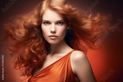 Beautiful woman with long curly hair. Portrait of a girl with red hair.