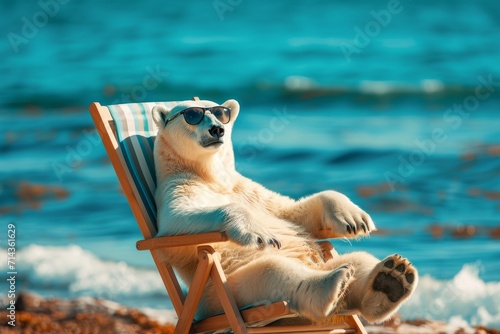 A majestic polar bear enjoys the tranquility of the ocean, perched on a chair on the sandy beach, basking in the warmth of the sun
