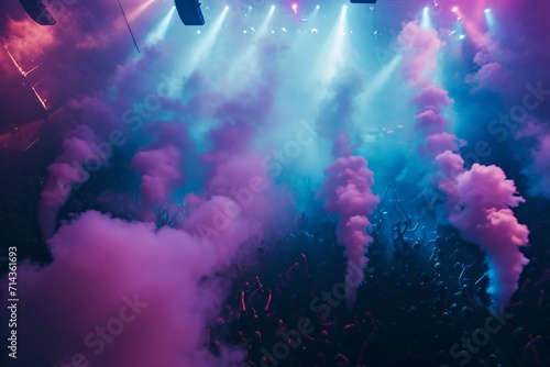 Amidst the hazy swirls of smoke, a sea of bodies sway to the pulsing beat of an outdoor concert, lost in the collective euphoria of live music © ChaoticMind
